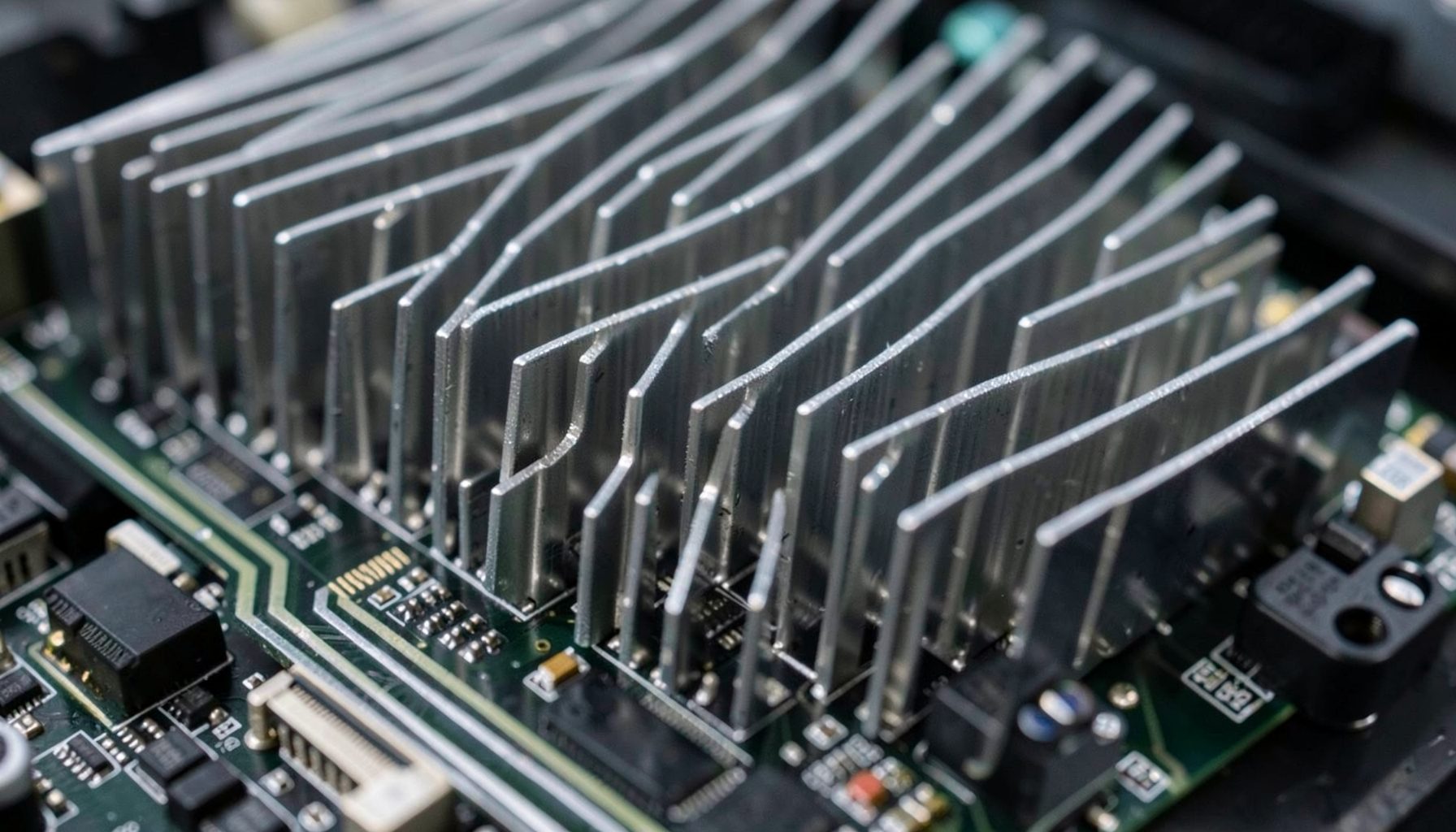 Close-up of a graphics card circuit board with metallic heatsink fins, industrial tech aesthetic