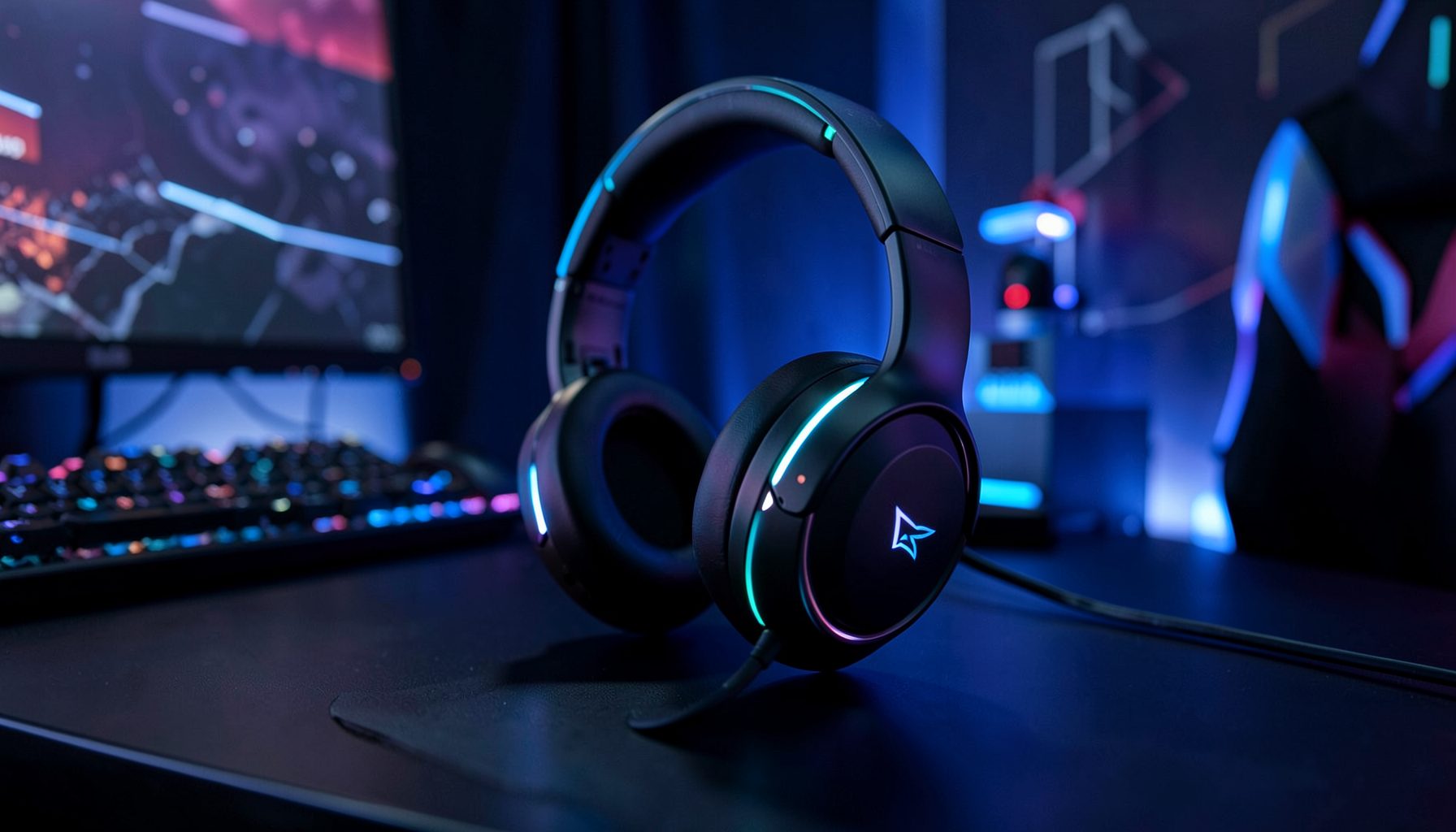 Sleek gaming headset with RGB lighting accents on a dark desk, futuristic gaming-room atmosphere