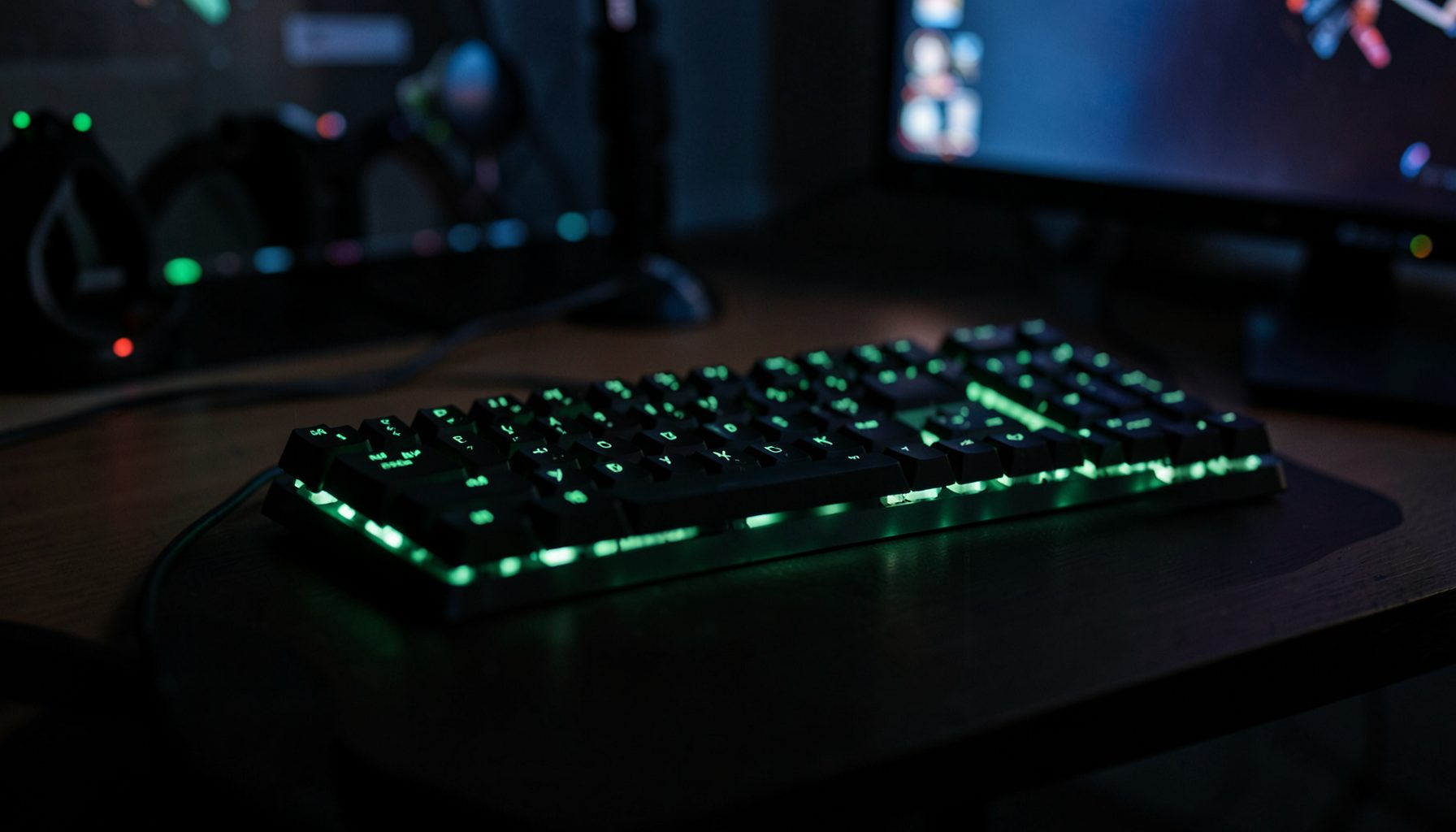 Mechanical keyboard with subtle green backlighting on a desk, moody gaming-room atmosphere