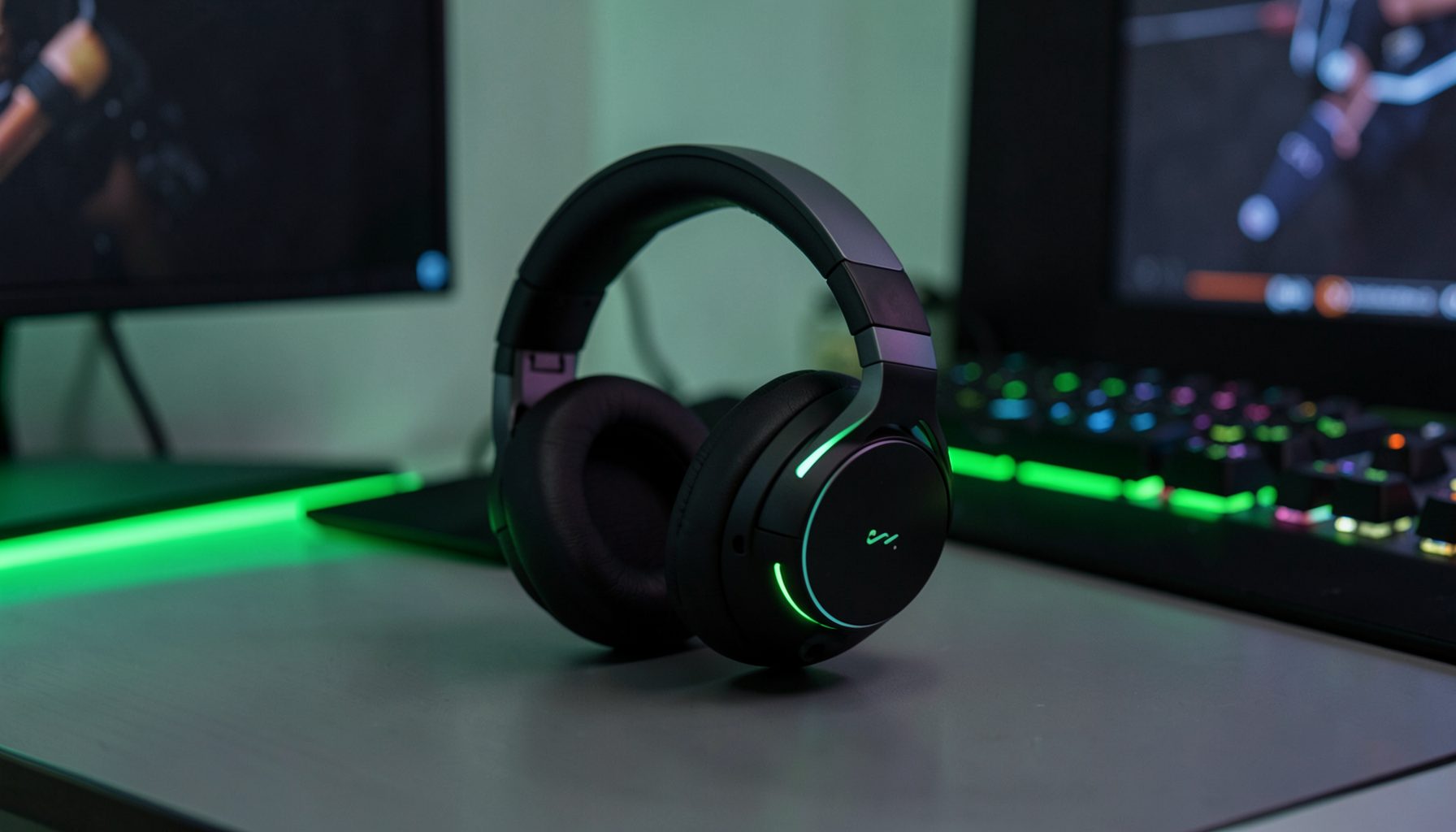 Wireless over-ear gaming headset on a desk with subtle green backlighting, clean modern gaming setup
