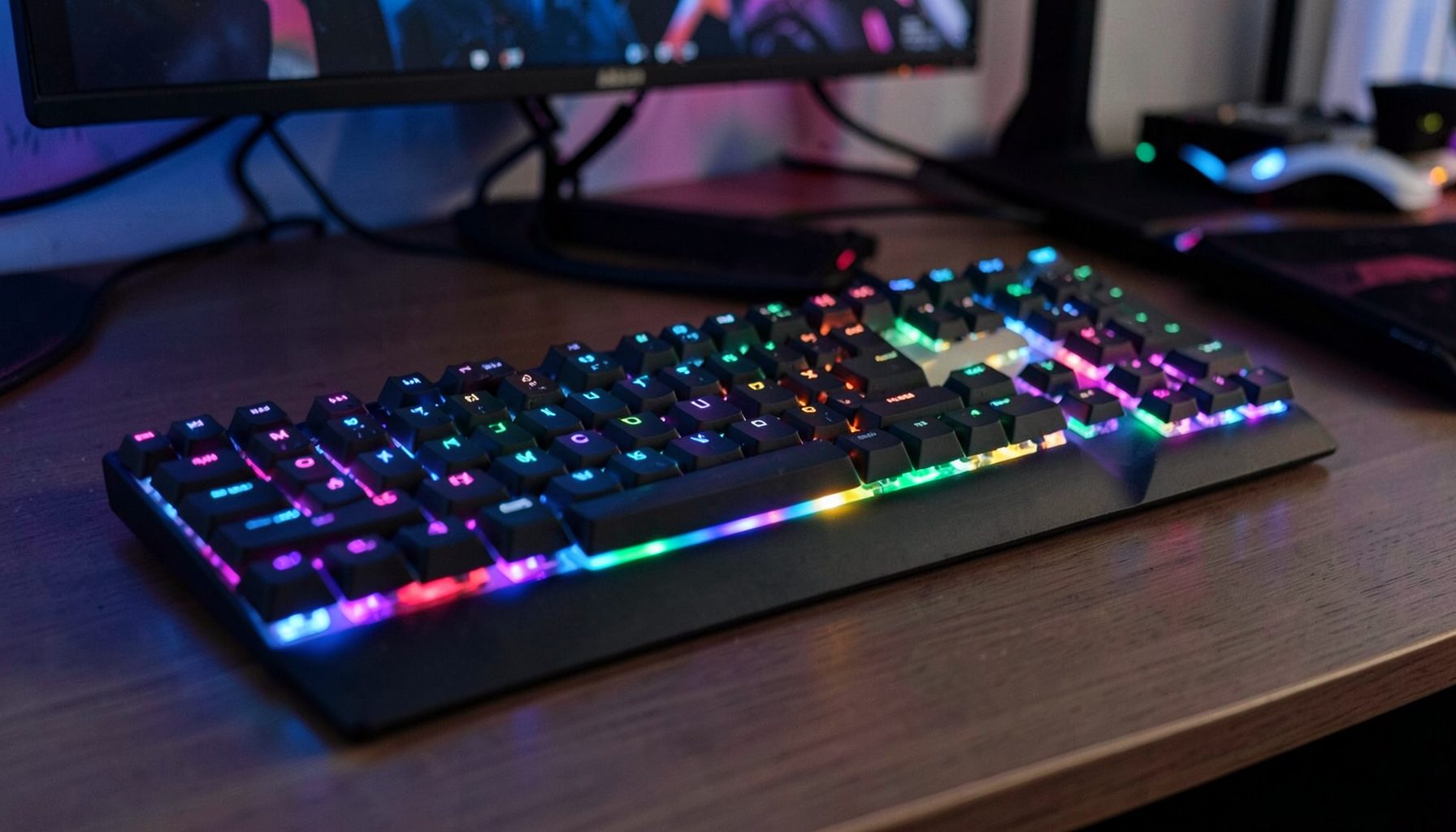 Full-size gaming keyboard with RGB rainbow wave lighting, angled view across a desk surface