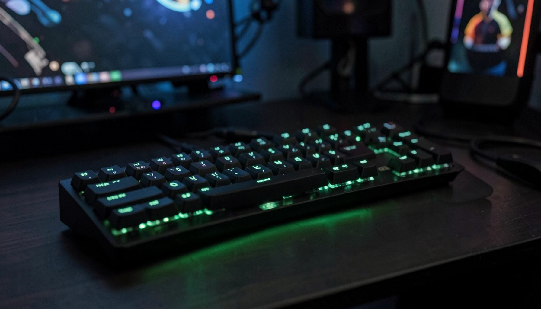 Dark mechanical keyboard with subtle green backlighting on a desk, moody gaming-room atmosphere