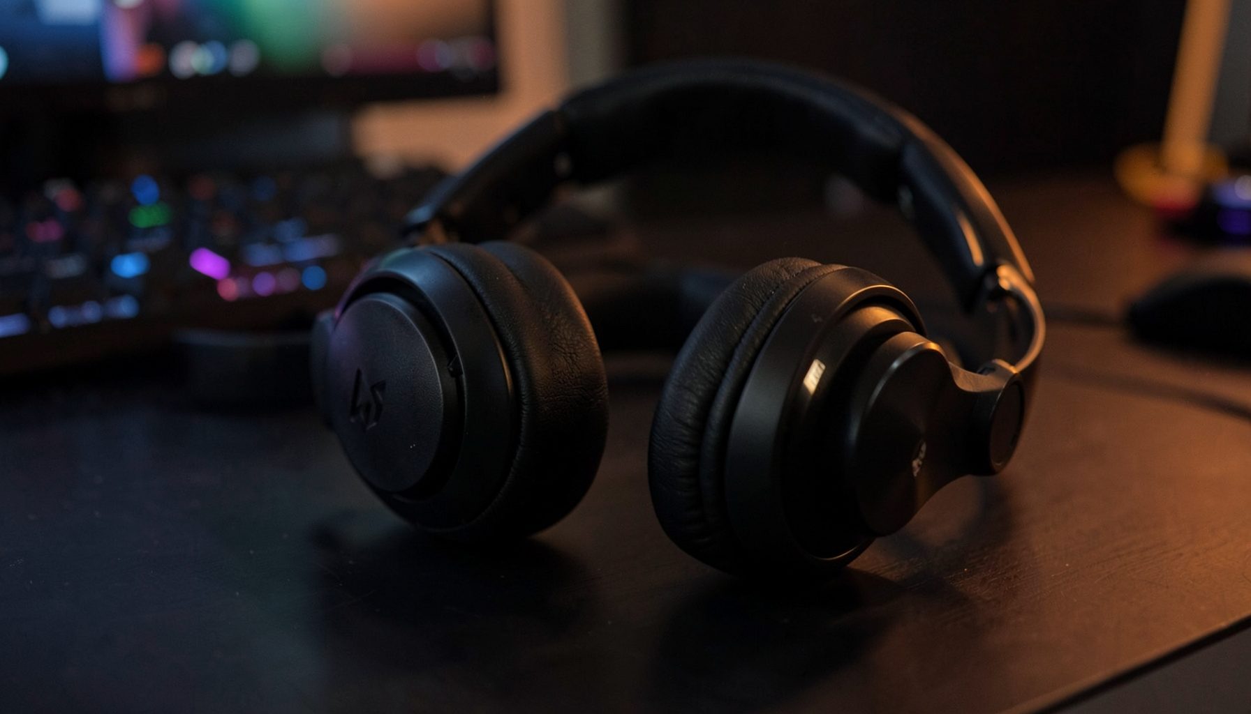 Closed-back studio headphones on a dark desk surface, warm ambient light with a subtle gaming aesthetic