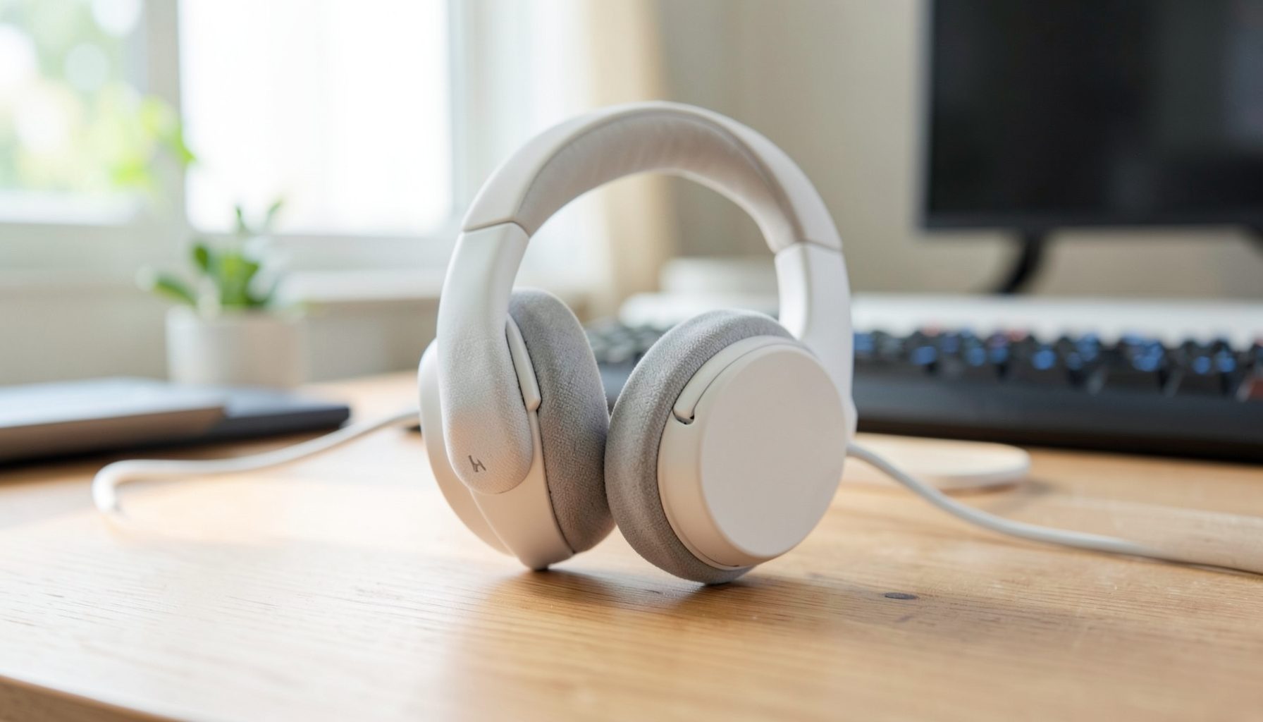Lightweight wireless gaming headset with fabric ear cushions on a desk, natural daylight ambiance
